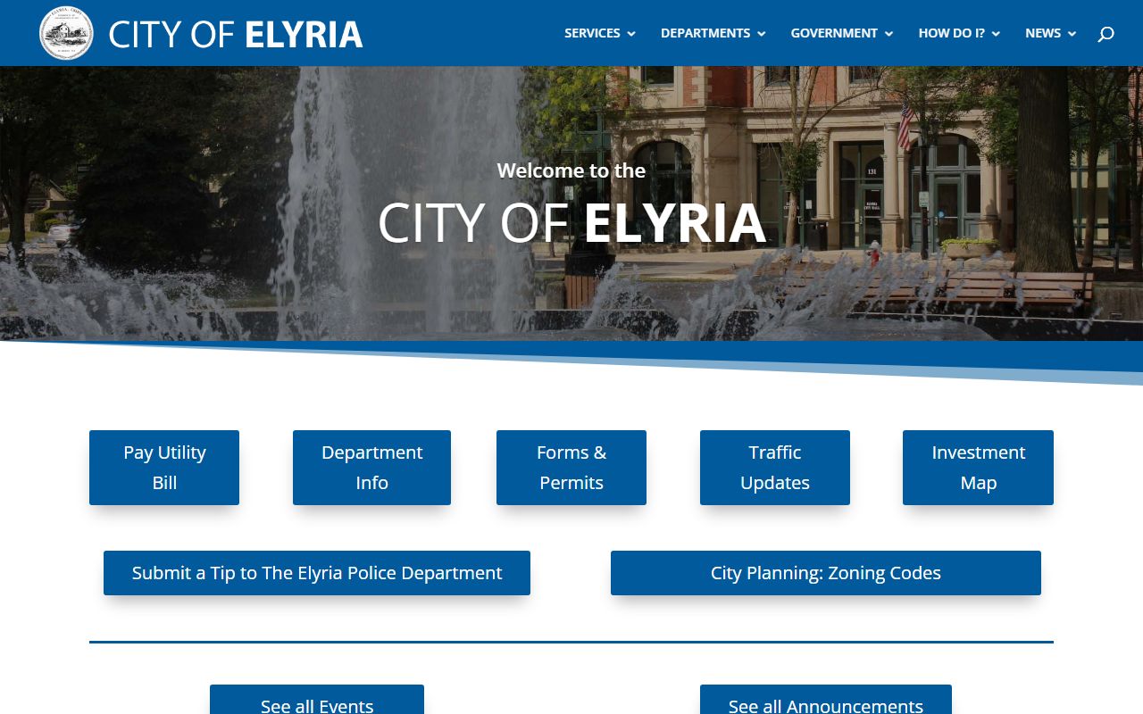 Elyria city website with links to court and police services