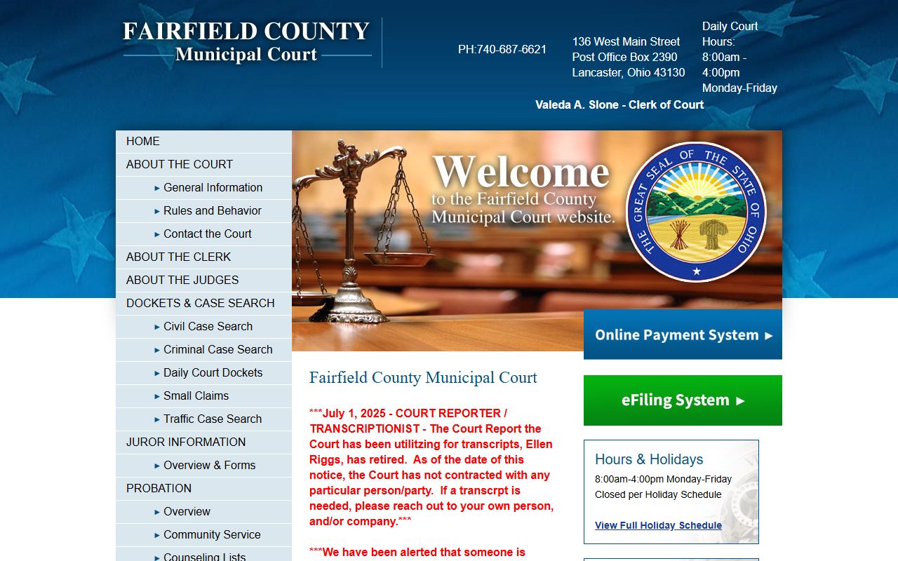Fairfield County Municipal Court online search for Lancaster traffic records