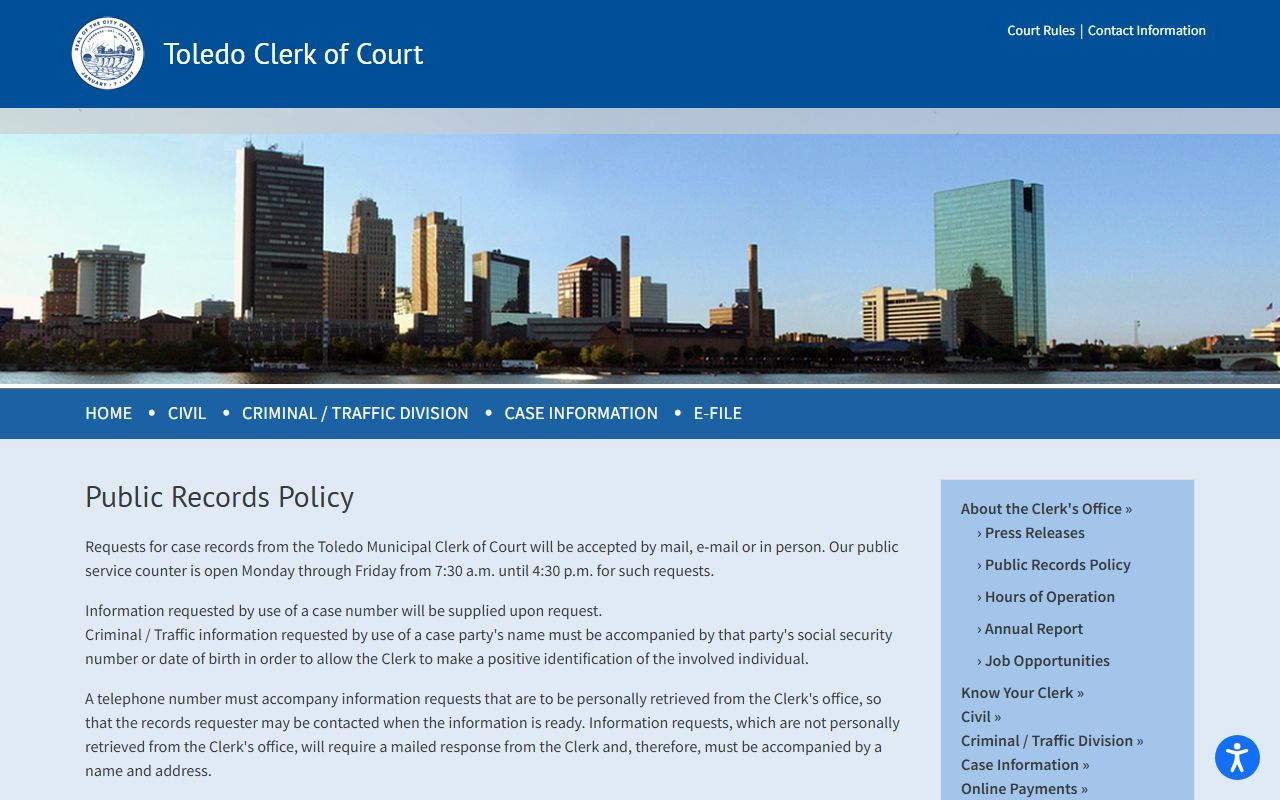Toledo Municipal Court public records policy for traffic ticket records