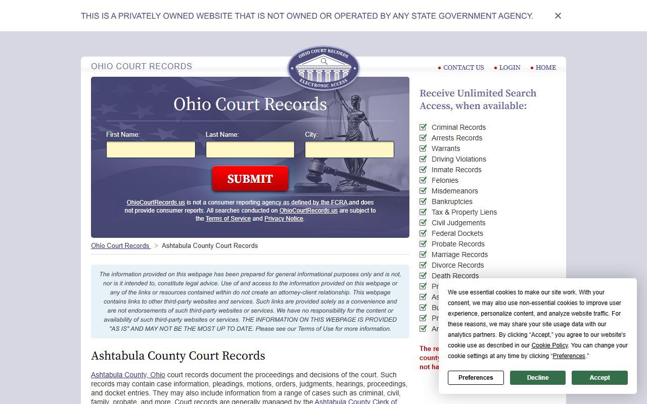 Ashtabula County traffic ticket records online court search