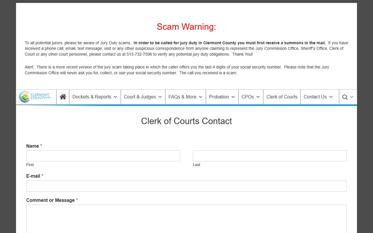 Clermont County traffic ticket records common pleas clerk contact