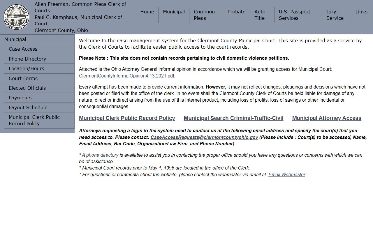 Clermont County traffic ticket records case access portal