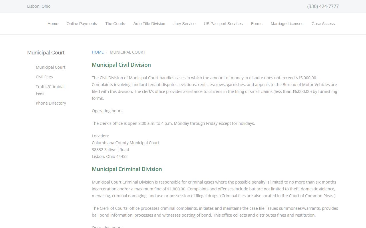 Columbiana County traffic ticket records municipal court traffic division