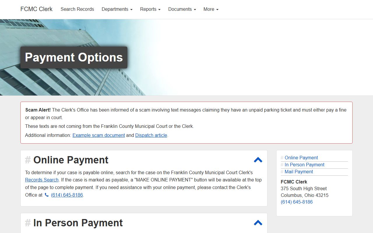 Franklin County traffic ticket records municipal clerk payment options