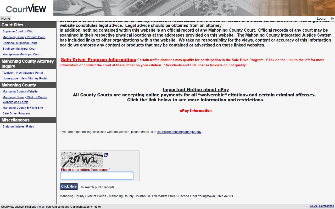 Mahoning County eServices portal for searching traffic ticket records