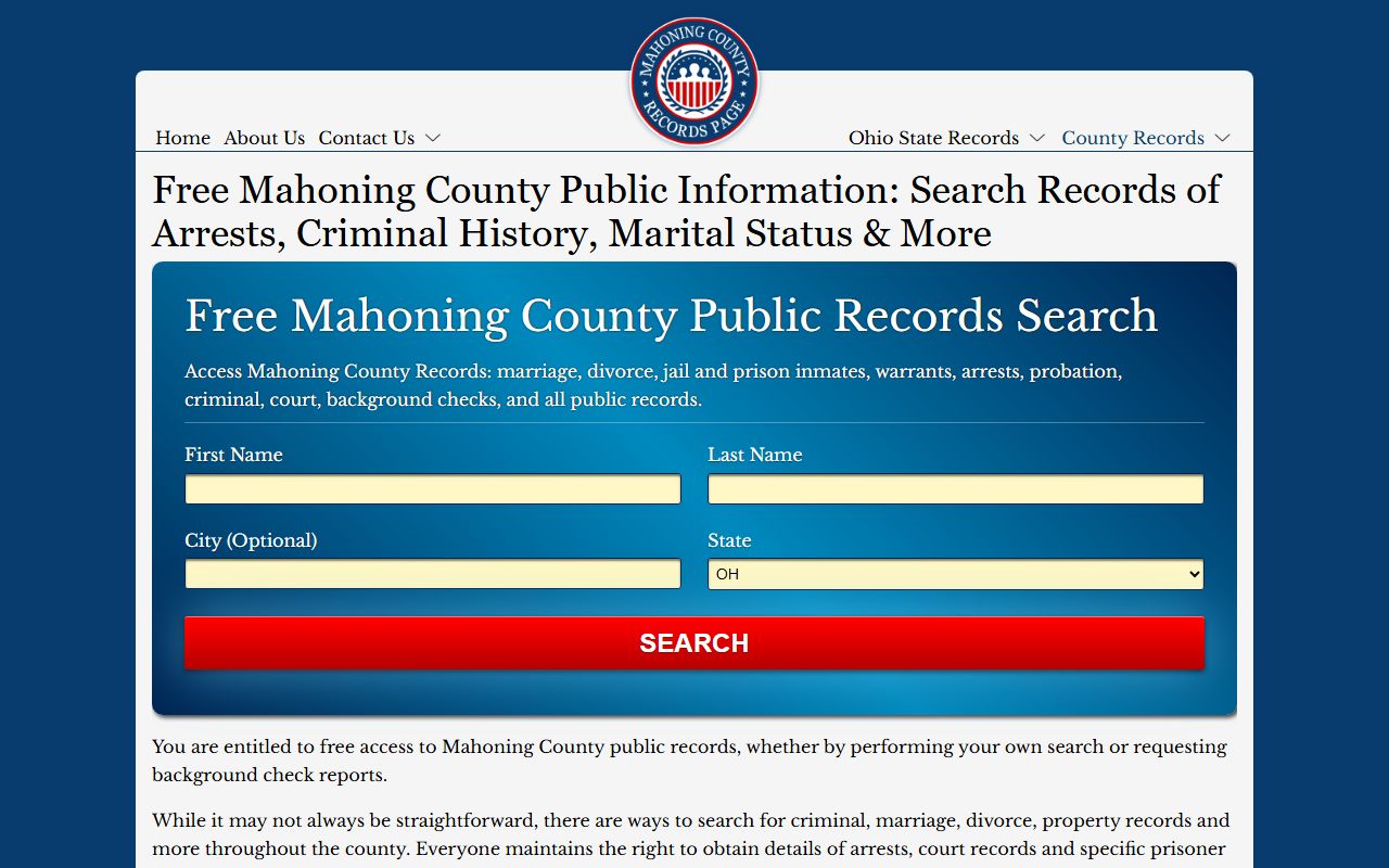 Mahoning County Records Page for court case search