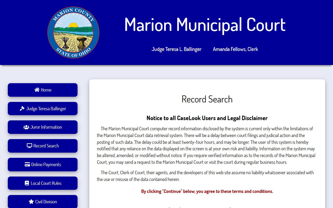 Marion County record search page for traffic ticket lookups