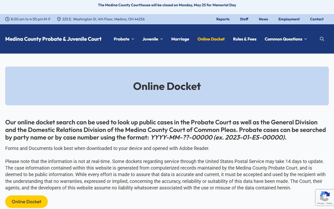Medina County Probate Court online docket system