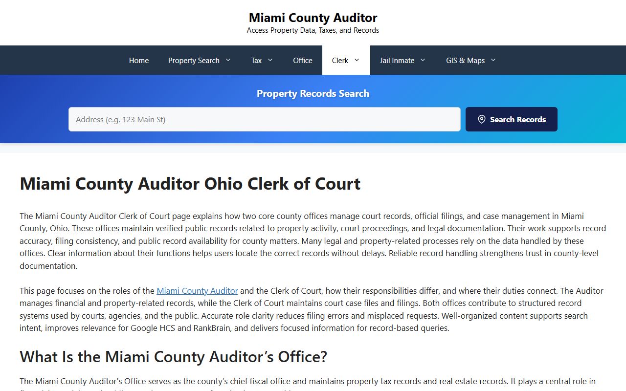 Miami County Clerk Auditor page showing traffic ticket records and fine information