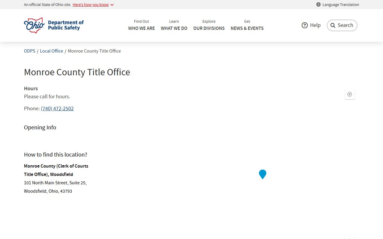 Ohio Department of Public Safety Monroe County Title Office page