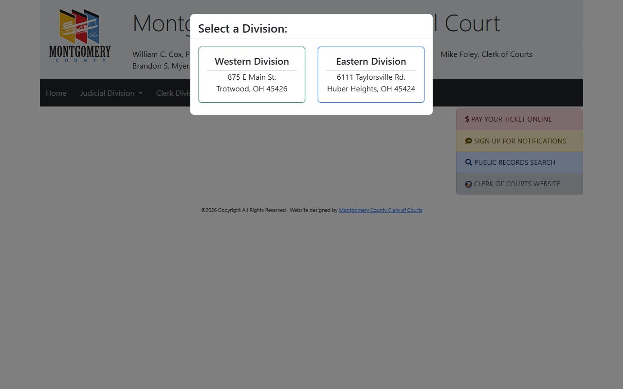 Montgomery County Courts website showing court locations and services