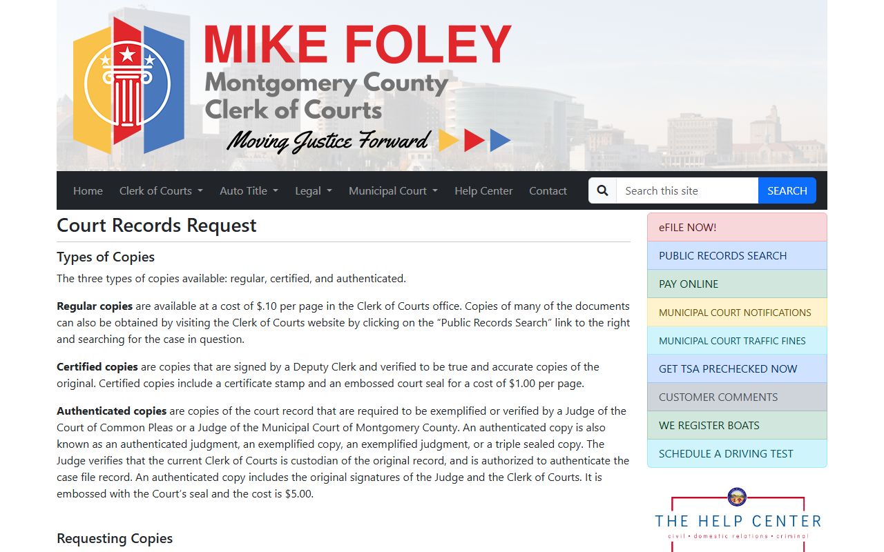 Montgomery County Clerk of Courts records request form for traffic ticket records