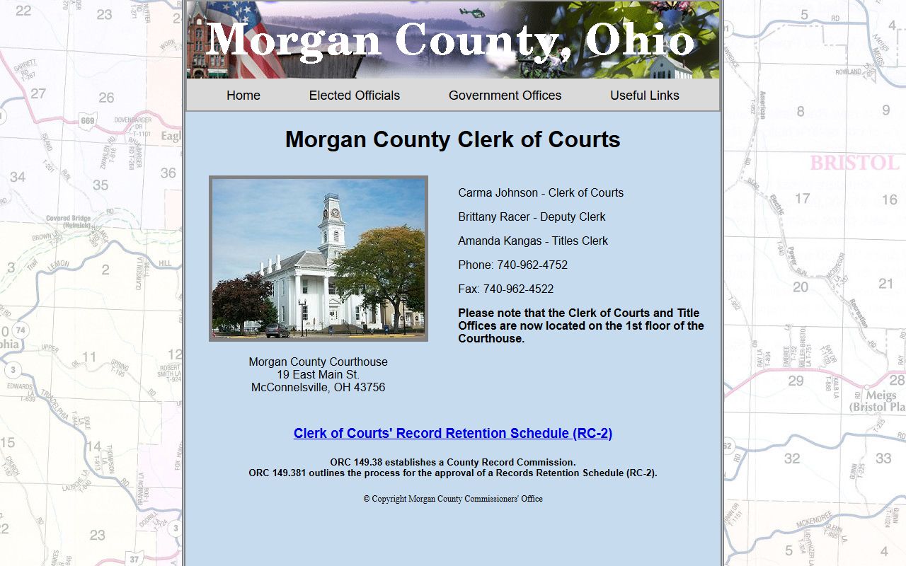 Morgan County Clerk of Courts website showing office details and contact information