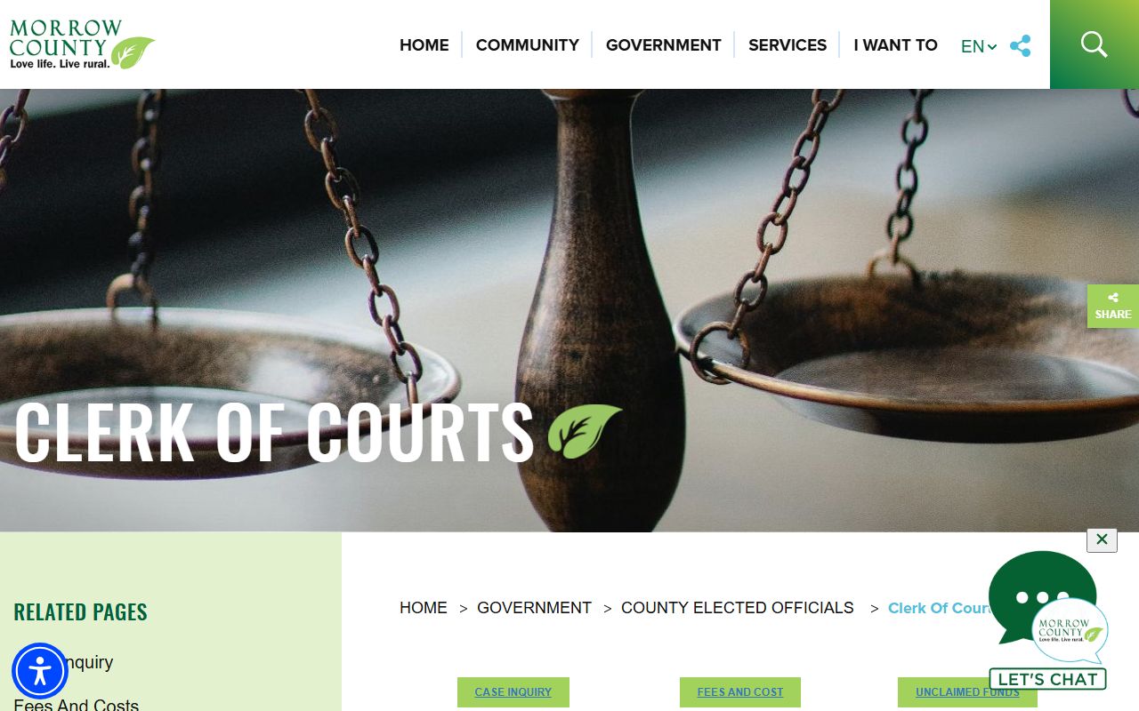 Morrow County Clerk of Courts website with case inquiry and fee information