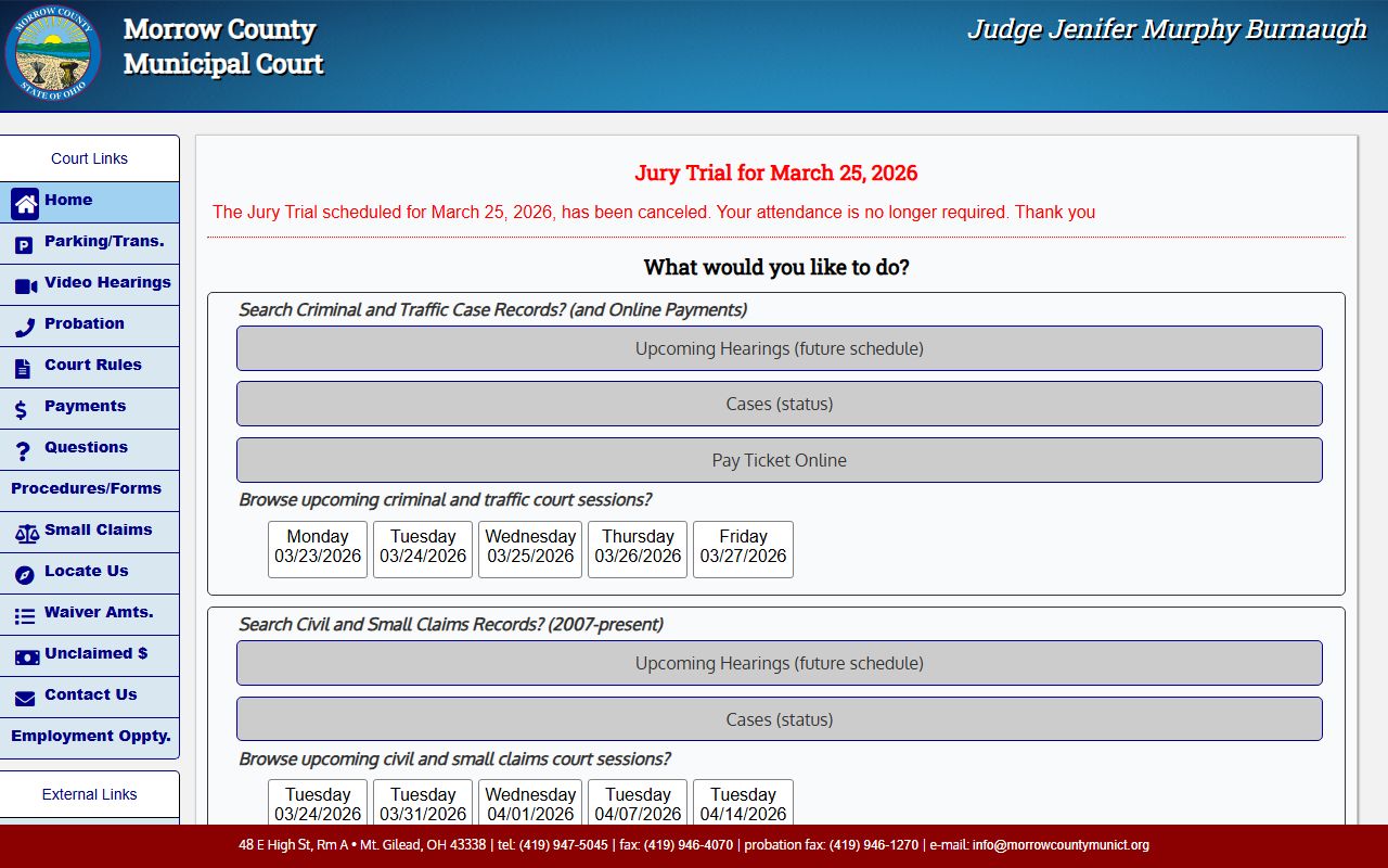 Morrow County Municipal Court website with case search and online payment options