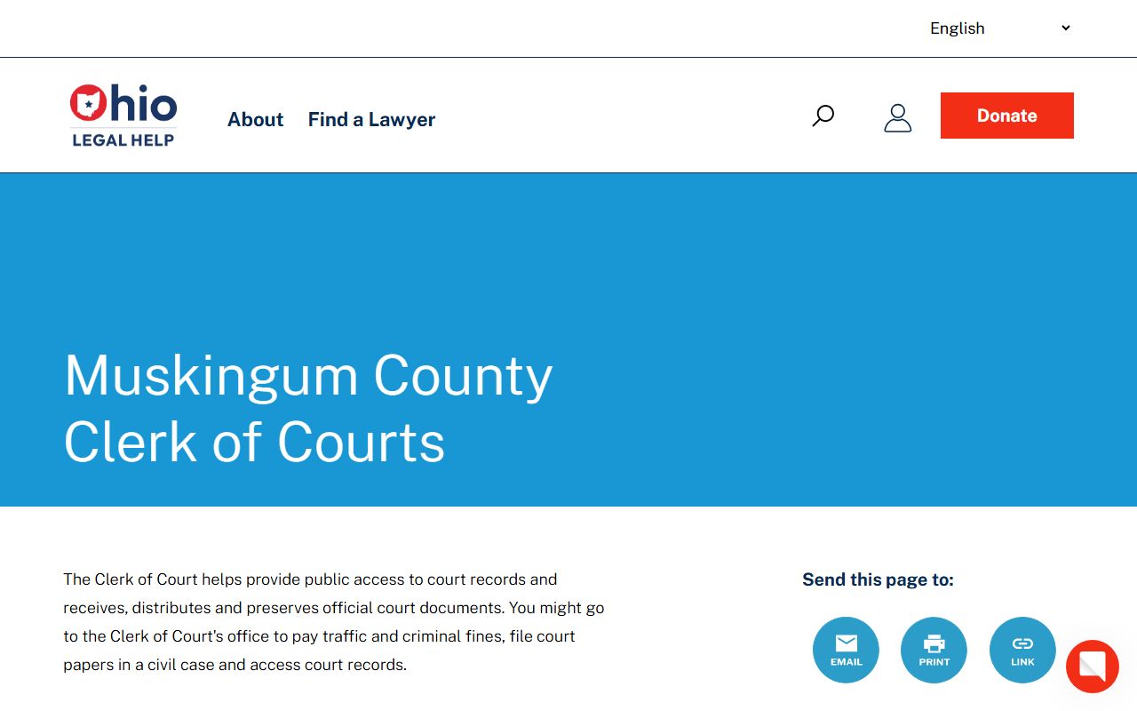 Ohio Legal Help page with Muskingum County Clerk of Courts information