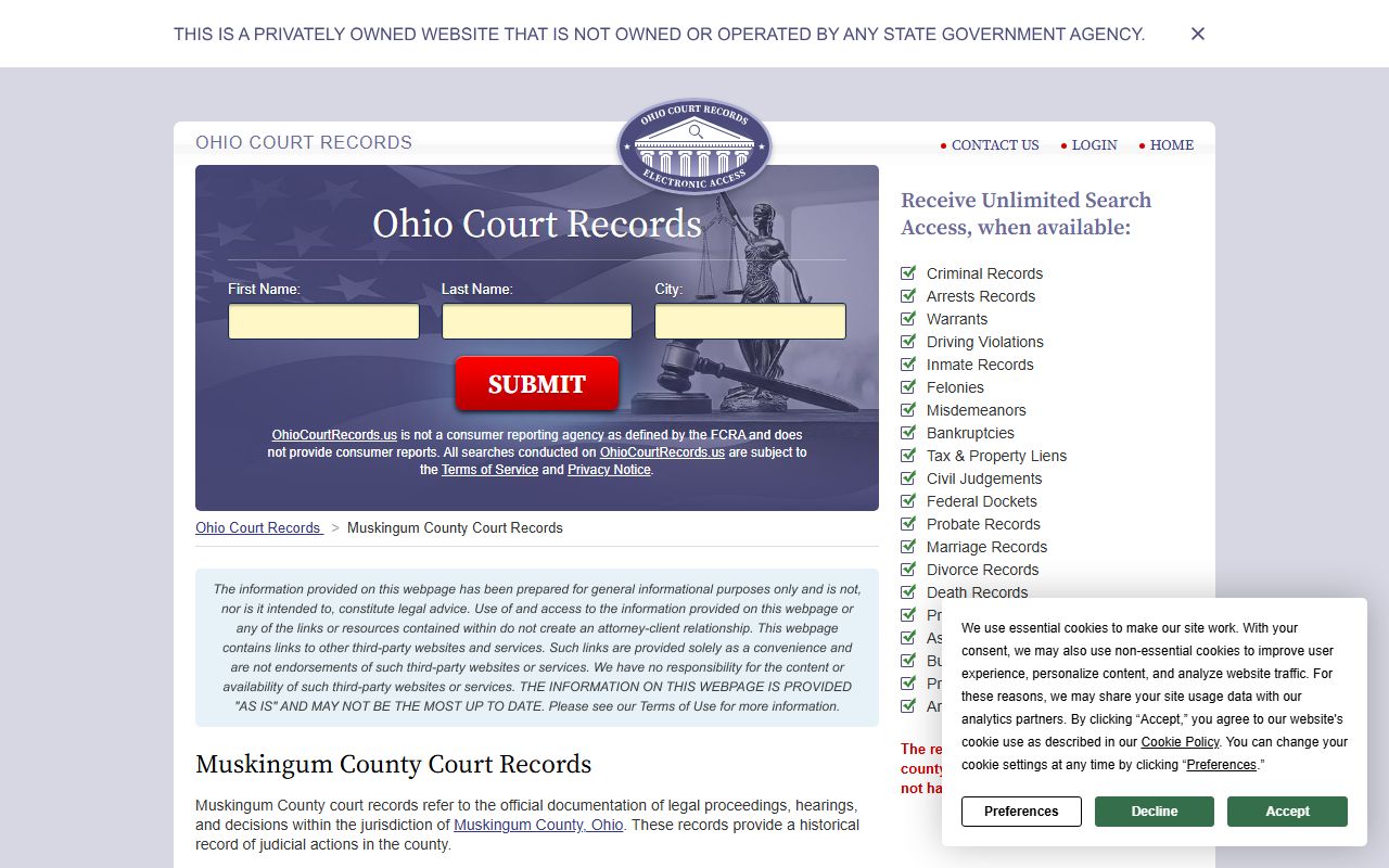 Muskingum County court records search page for traffic ticket lookups
