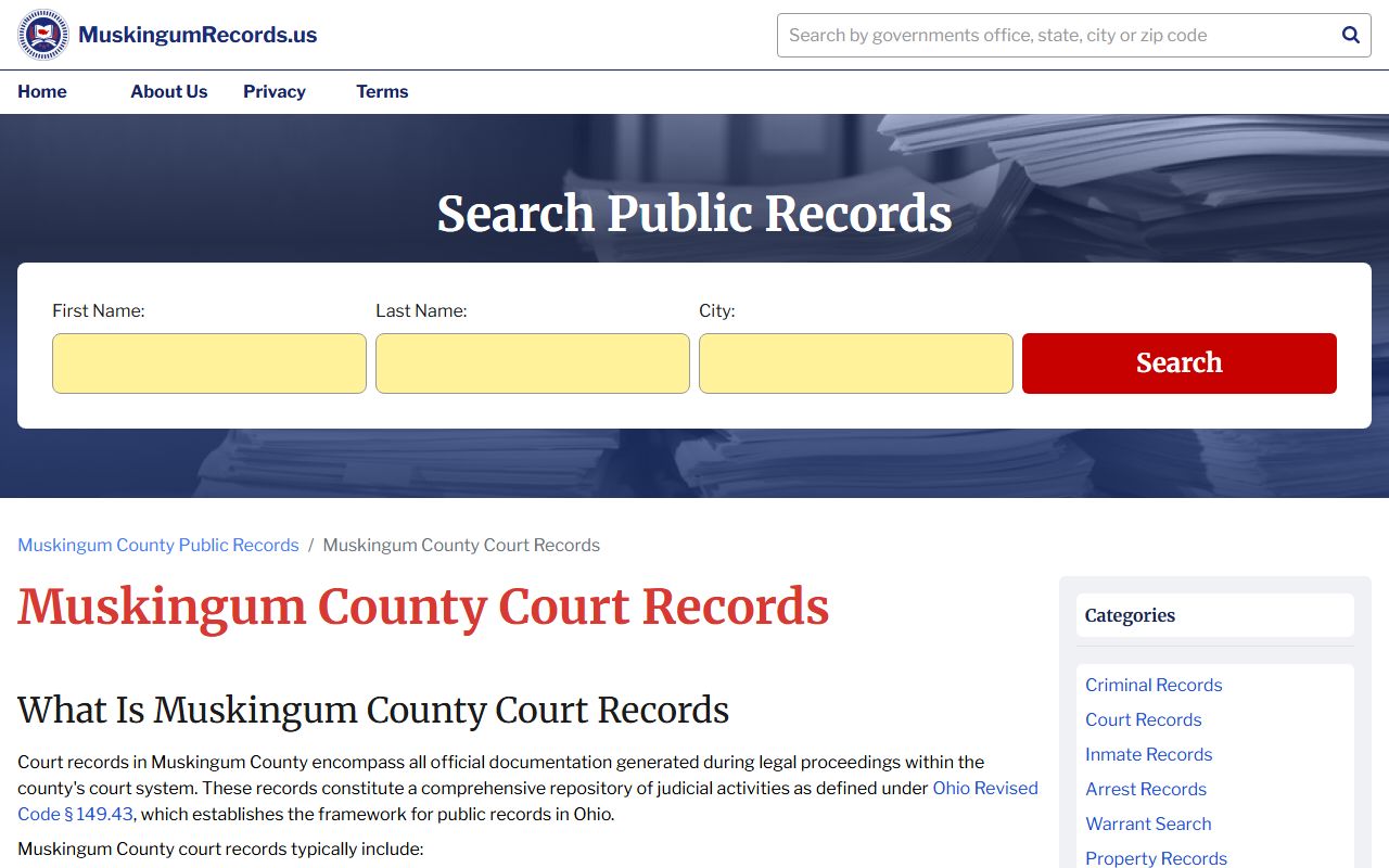 Muskingum Records website for searching county court records