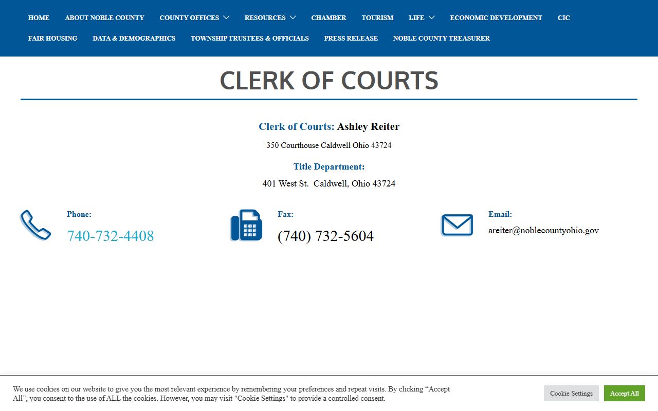 Noble County Clerk official page for court record access