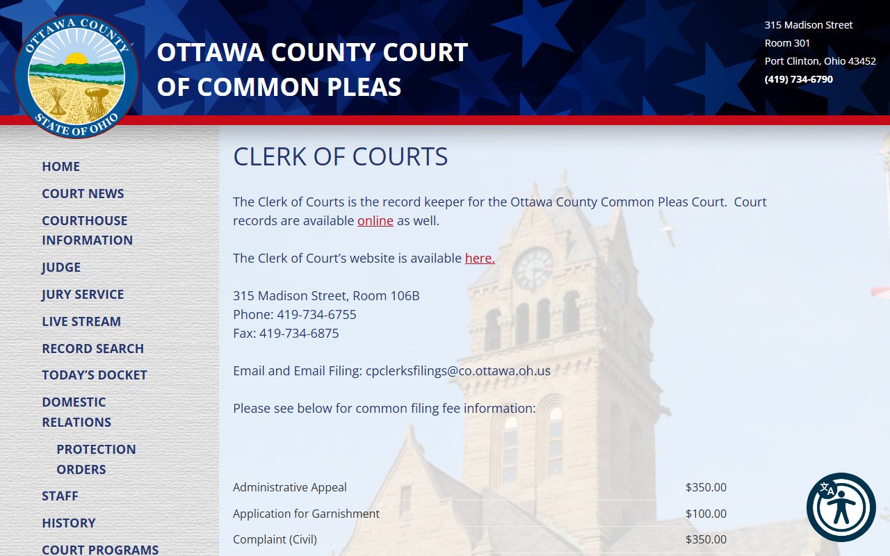 Ottawa County Common Pleas Court clerk page