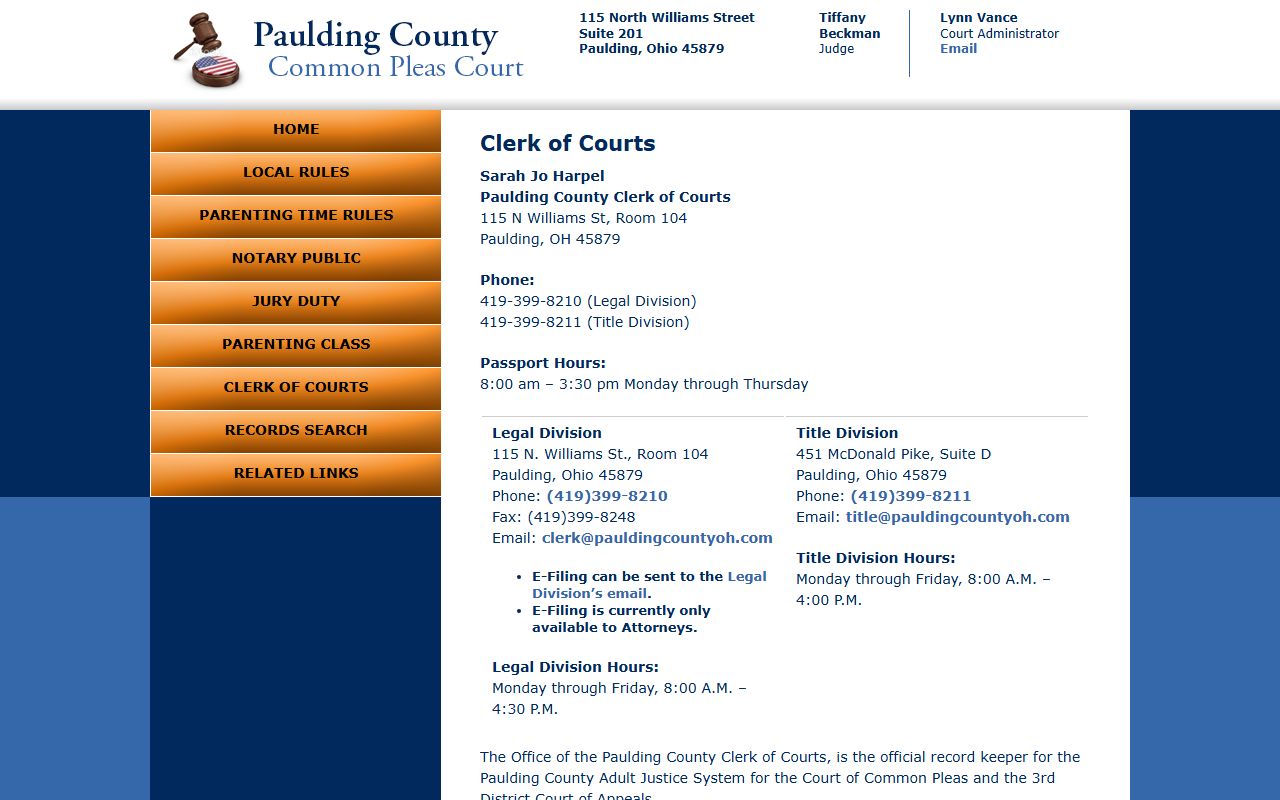 Paulding County Common Pleas Clerk of Courts website