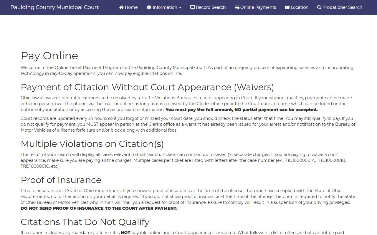 Paulding County Court online ticket payment page
