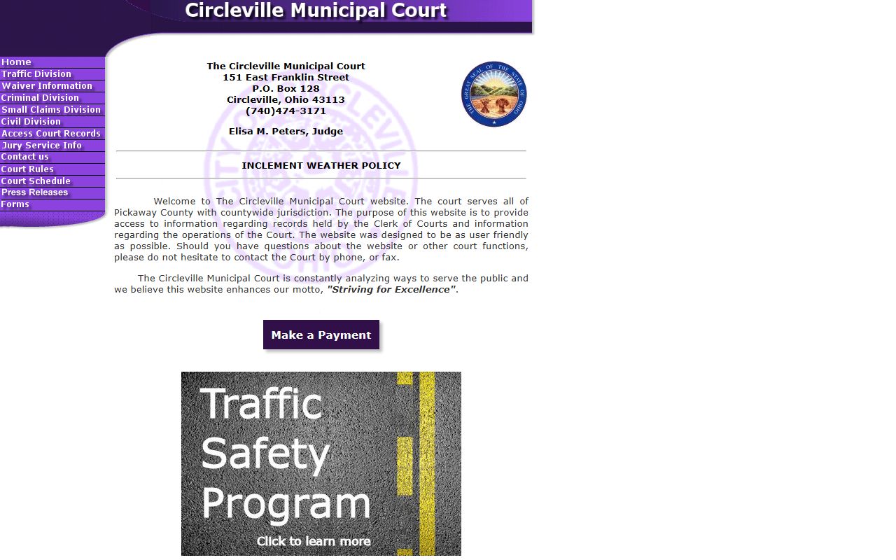 Circleville Municipal Court website for Pickaway County traffic cases