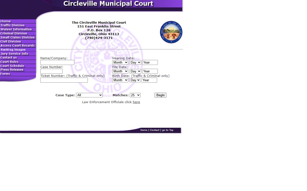 Pickaway County online docket search for Circleville Municipal Court