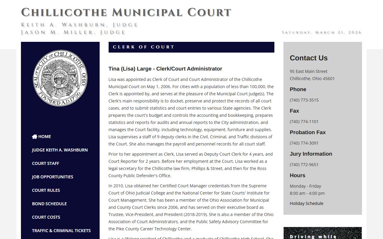 Chillicothe Municipal Court clerk page with case access and court information