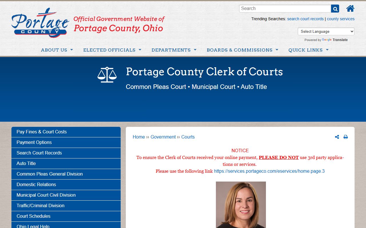 Portage County Clerk of Courts page showing office services and contact details