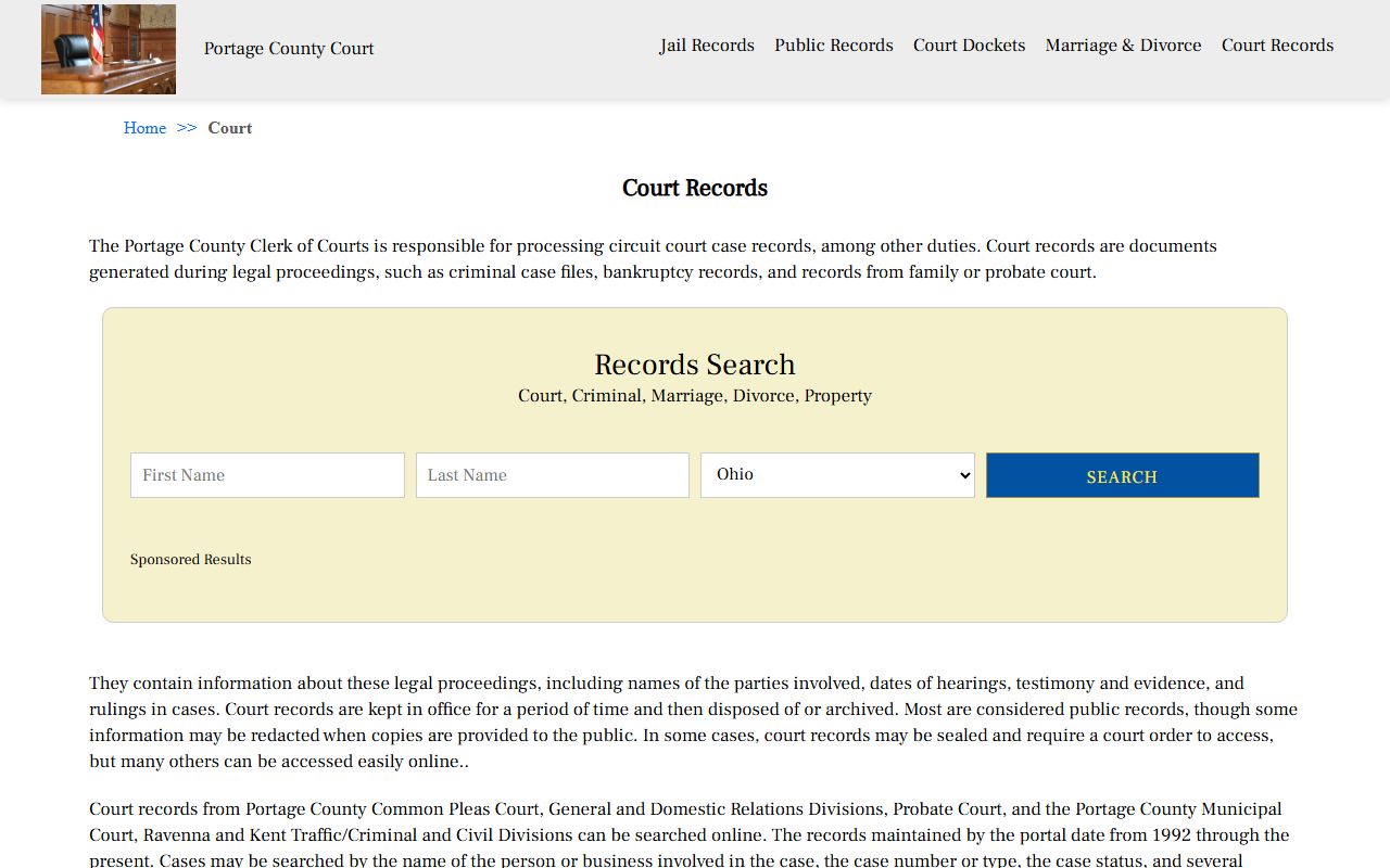 Portage County Court Records page showing record access information