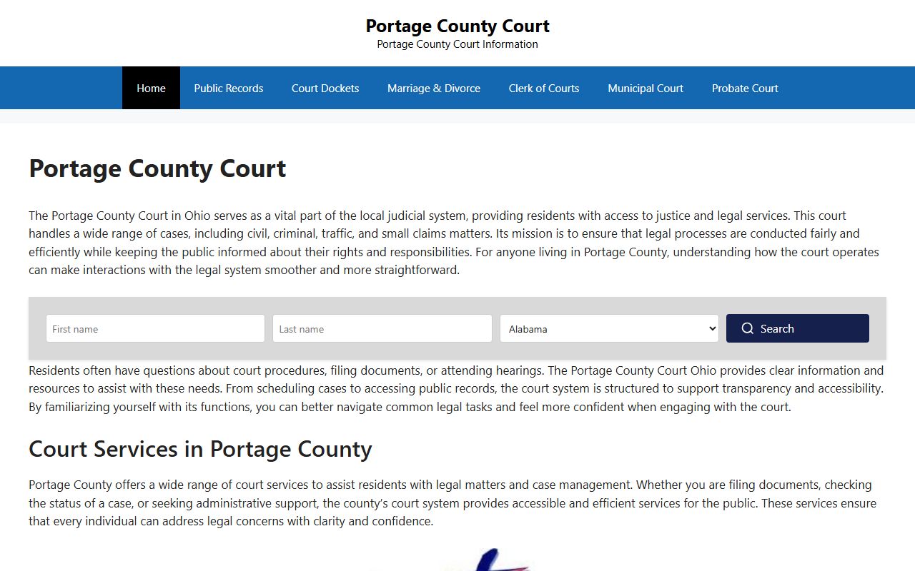 Portage County Courts website showing court locations and jurisdictions