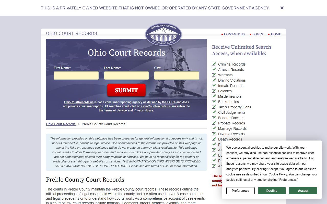 Preble County court records search page for traffic ticket lookups