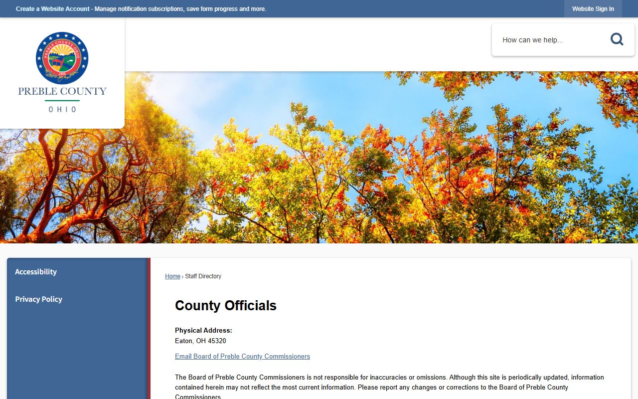 Preble County Officials page showing court contact information and addresses