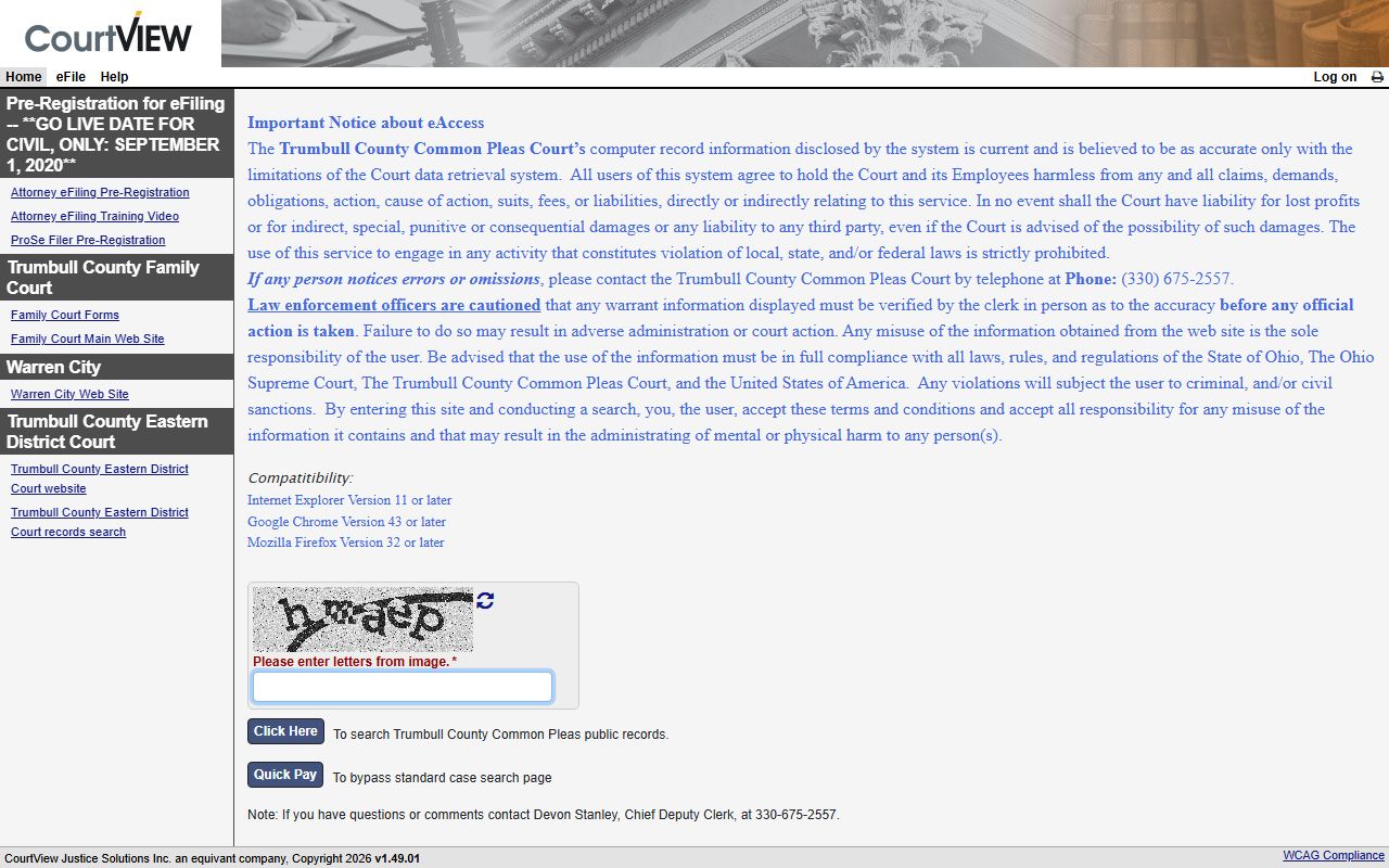Trumbull County eServices portal for court record searches
