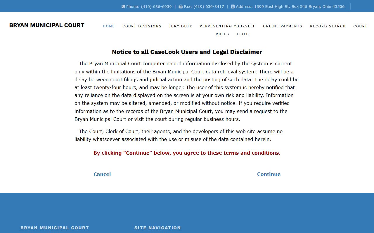 Williams County record search portal at Bryan Municipal Court
