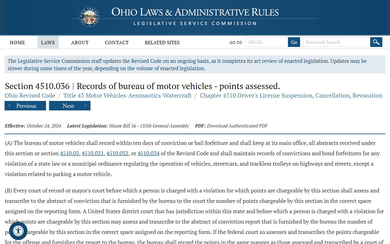 Ohio Revised Code points system for traffic ticket records